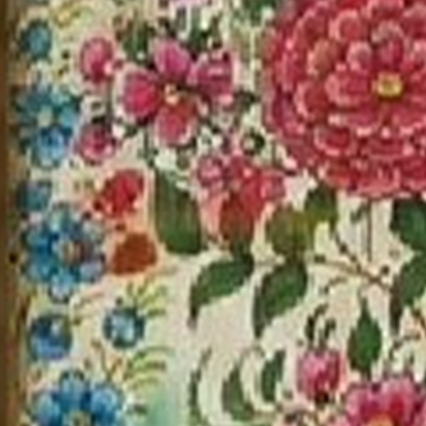 A small bulbul painted among blue and pink blossom on a Kashmiri paper machie wall panel.